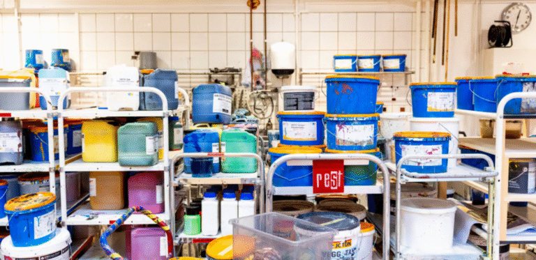 Bildet viser flere ulike fulle og tomme malingspann i en verktøyhall hos et norsk teater.